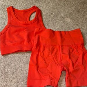 Orange Ribbed Tank and Shorts Workout Set